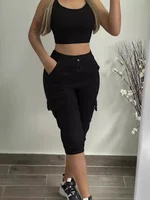Summer Women's Slim-Fit Capri Trousers Solid Color Casual Multiple Pocket Lace-Up High Waist Tight Leggings Capri Pants - Image 2