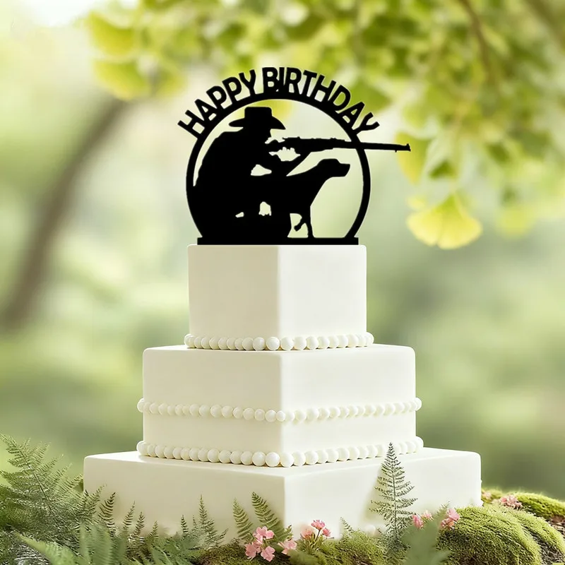 Gun Theme Happy Birthday Cake Topper Hunter With Gun With His Hunting Dog  Birthday Cake Topper for Boy\'s Men\'