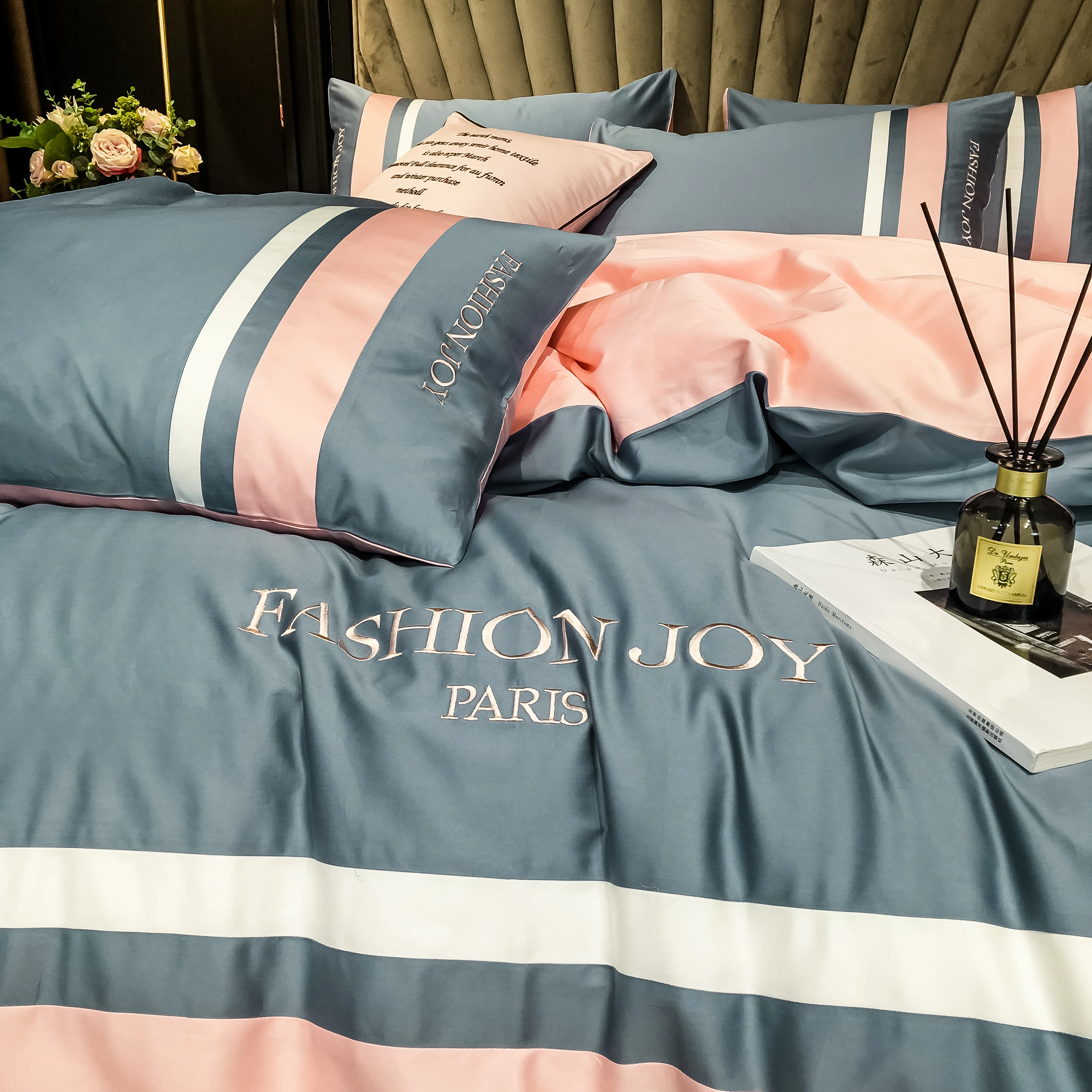 New 60 Long Velvet Embroidery Striped Color Matching Four-piece Set Of Pure Cotton Luxury Bedding Can Be Customized Light Gray