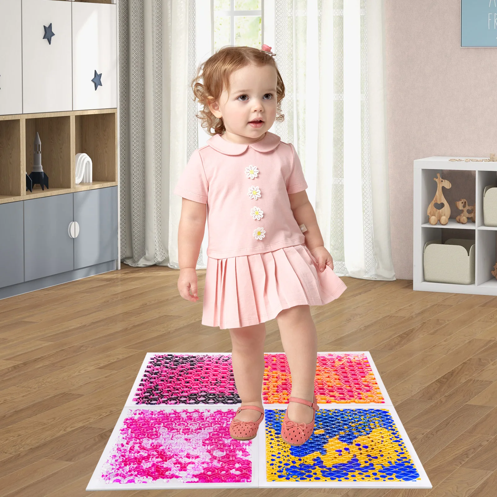 

Toddler Sensory Floor Tiles Combo with Sensory Liquids 4PC Set for Kids Educational And Fun Play Mat