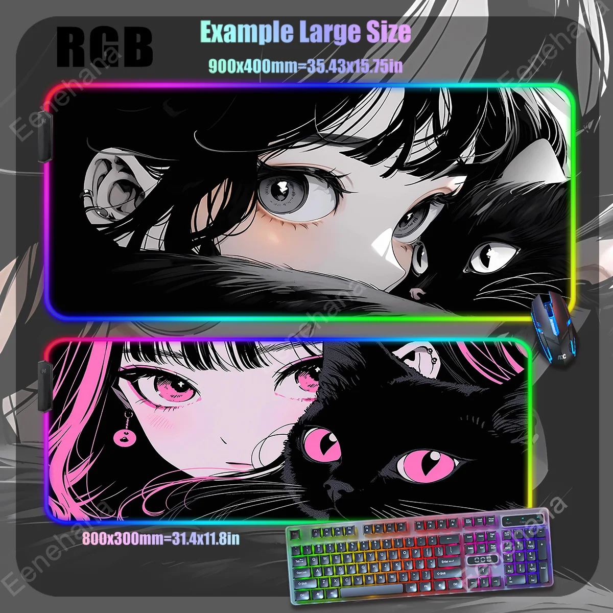 Imagem -04 - Rgb Grande Gaming Mouse Pad Led Retroiluminado Mesa de Escritório Tapete Estendido Gato Preto Gamer Anime Meninas Tapetes Kawaii Acessórios para Computador