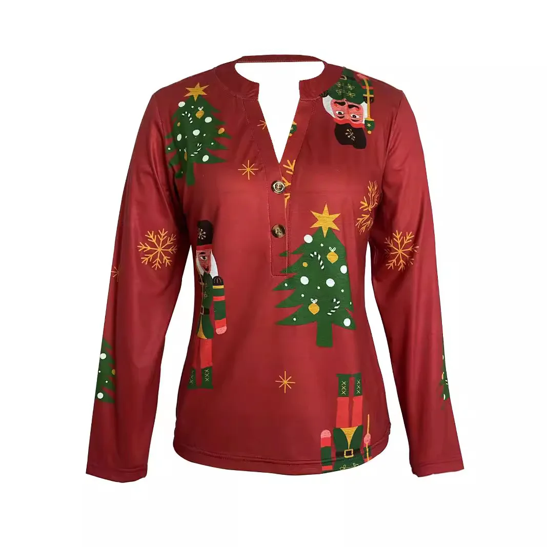 T-shirt Women\'s Christmas Tree Holiday Style V-neck Printed Loose Casual Long-sleeved Red Top for Women