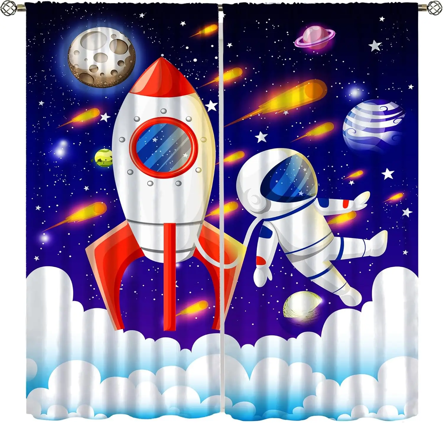 Astronaut Rocket Curtain for Kids,Cartoon Space Fantasy Universe Solar System Meteorite Planet Earth Galaxy Stars Window