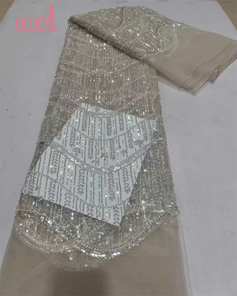 OLOEY Tessuto di pizzo con perline africane Tessuto di tulle francese di pizzo con paillettes nigeriane di alta qualità per abito da festa di nozze Sewin