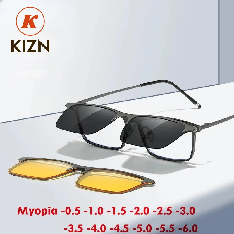 

KIZN 3 в 1 поляризационные солнцезащитные очки для близорукости для мужчин и женщин квадратный магнитный зажим по рецепту алюминиевая магниевая оправа для очков от -0,50 до -10