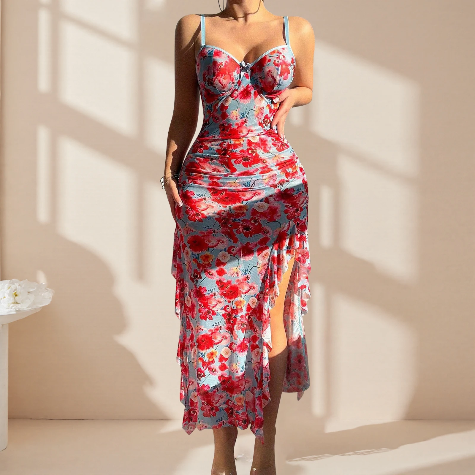 新しいファッションレディース花柄寝間着フリルスパゲッティストラップキャミミディドレスパジャマランジェリーシュミーズホット販売S-XL