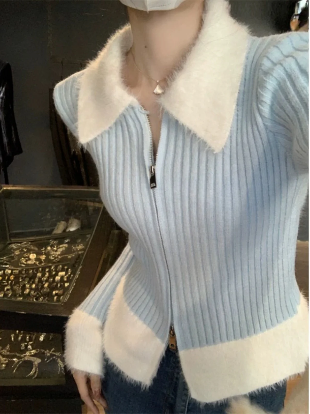 Pink Blue Spliced Bottom Double Zipper Sweater For Women Autumn Winter Sweet Knitted Cardigan Coat Overlay Top