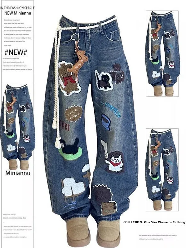 

Large Size Waed Denim Jeans Men's Loose Straight Leg Trousers with Embroidery Knife Casual Comfortable Winter Pants