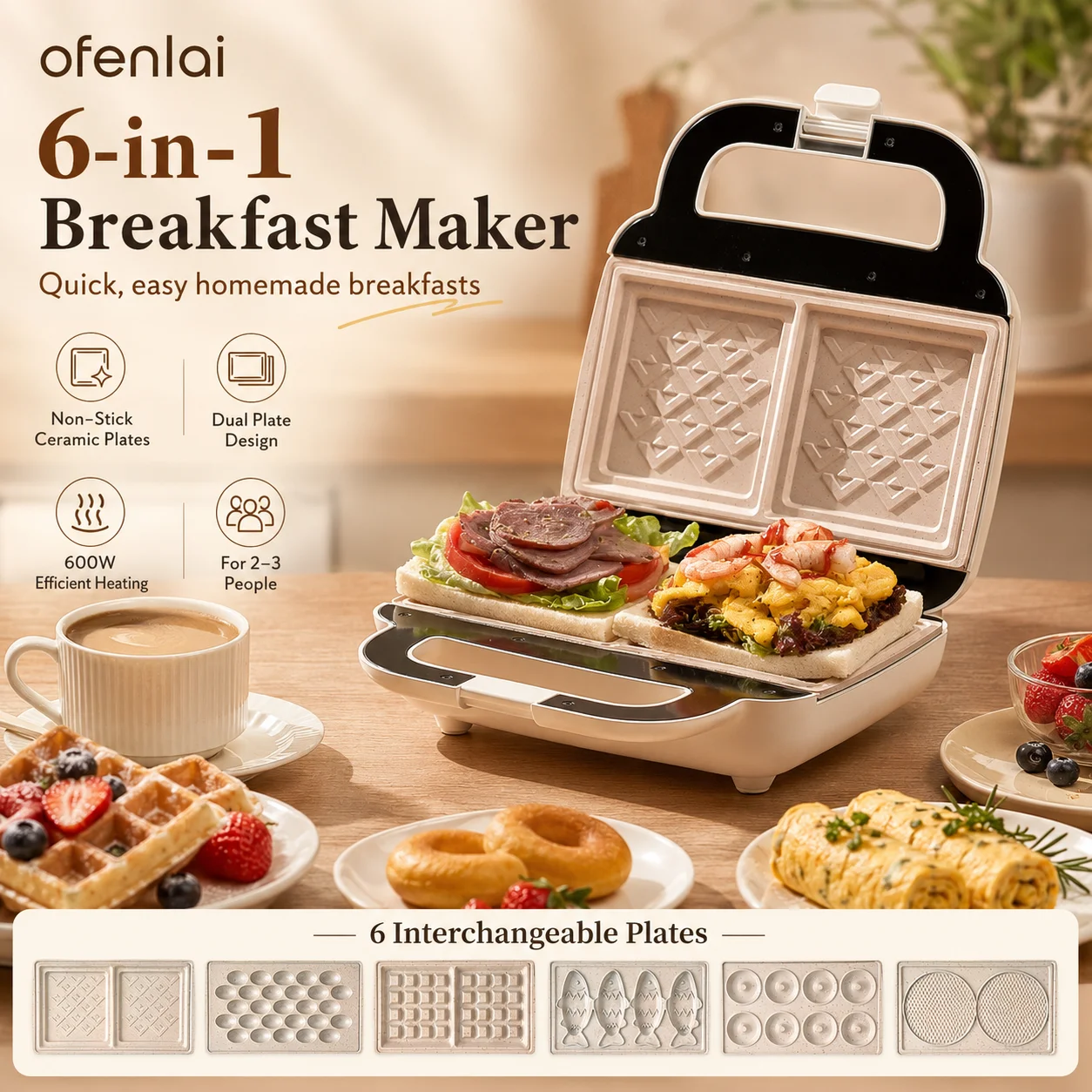 OFENLAI 6-in-1 Frühstücks-Multifunktionsgerät Sandwich-Waffel-Donut-Taiyaki-Maschine mit Abnehmbaren Keramik-Antihaftplatten Elektrisches Frühstücksgerät für Zuhause - AliExpress 6