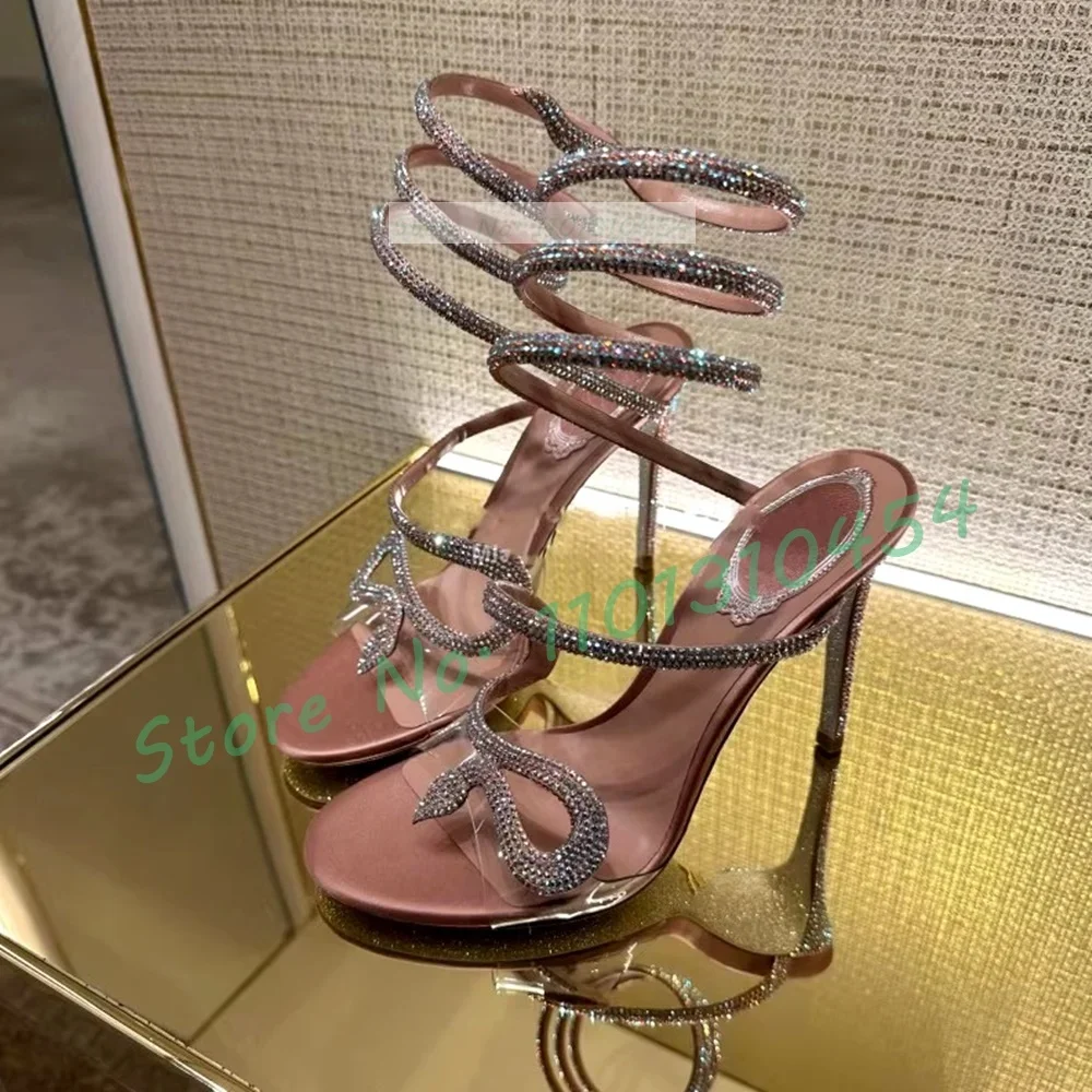 Crystal Snake Wrap PVC Sandals Women Sparkly Colorful Rhinestones Clear Upper Shoes Lady Luxury Pinkish Gray Cross Strap Sandals