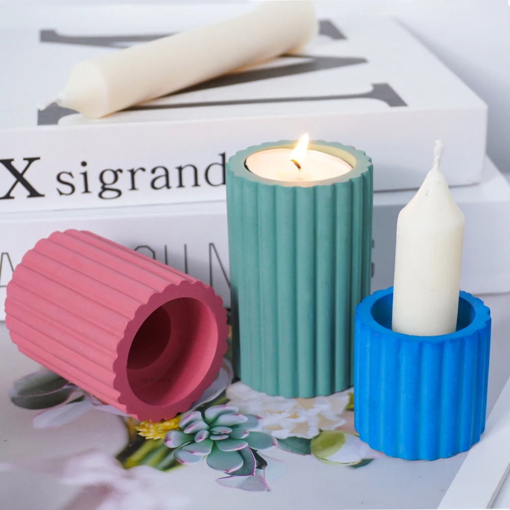 Cylindrical Striped Candle Holder Silicone Mold DIY Round Candlestick Crafts Making Plaster Concrete Resin Molds Home Decoration