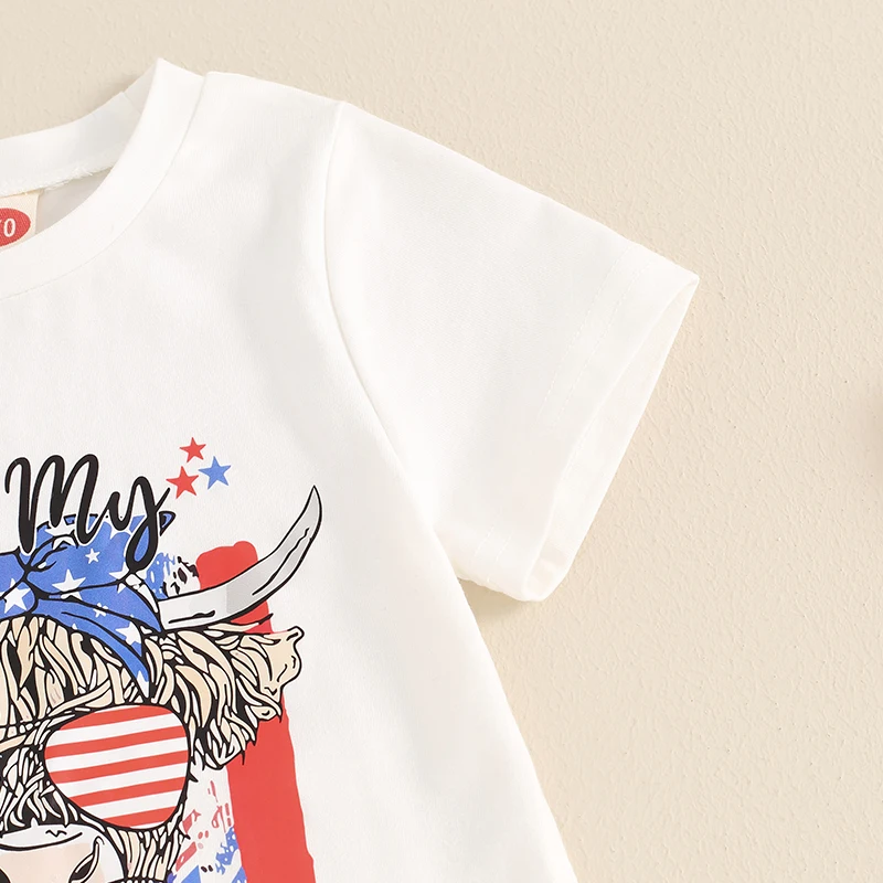 Baby Girls Summer Outfit Cow Head Print Short Sleeve T-shirt with Flag Print Flare Pants 4th of july clothing