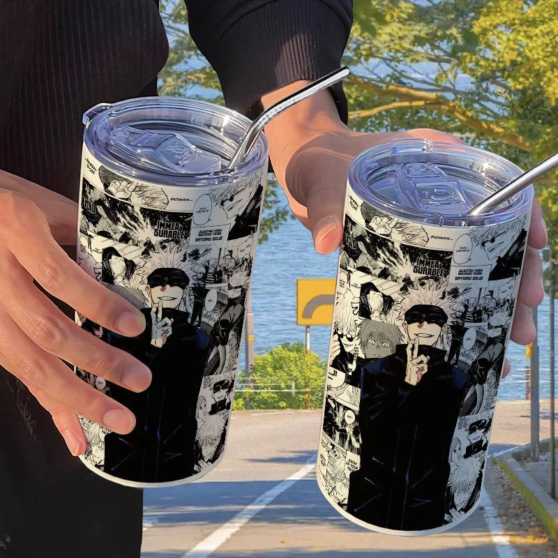 

420 мл термос Jujutsu Kaisen с соломой мультфильм Gojo Satoru изоляционные чашки из нержавеющей стали портативная уличная бутылка для воды