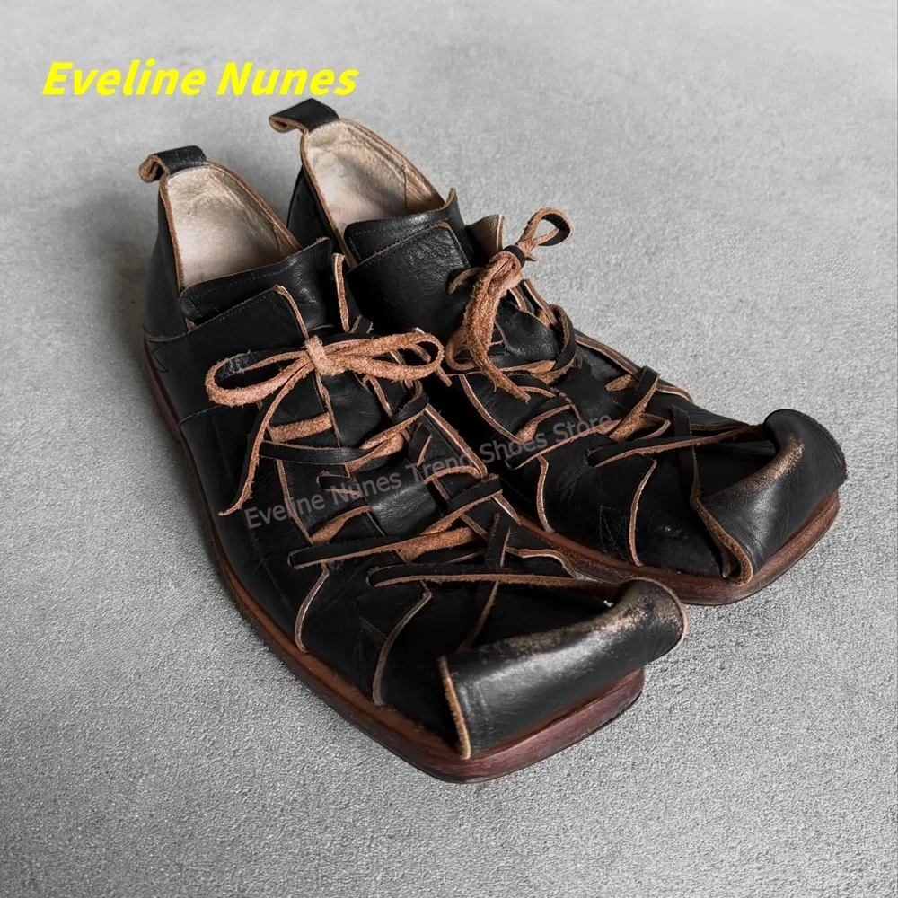 Fashion Avant Garde Distressed Pumps Square Toe Black Patchwork Shoe Crisscross Raw Edge Lace Up Gothic Casual Footwear 2026 New