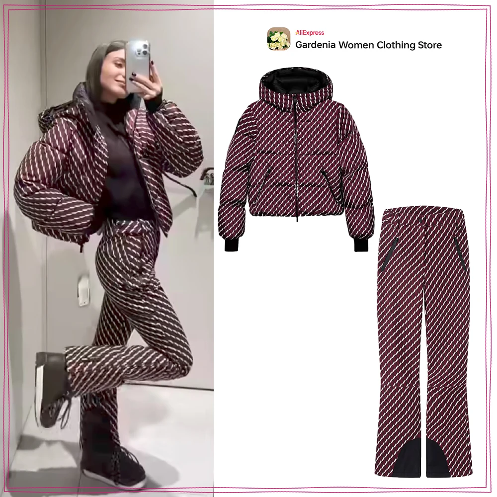 Gorgeous Burgundy Two Piece Sets for Women Winter Warm Tracksuits High Collar Windproof Down Hooded Jacket and Tonal Flare Pants