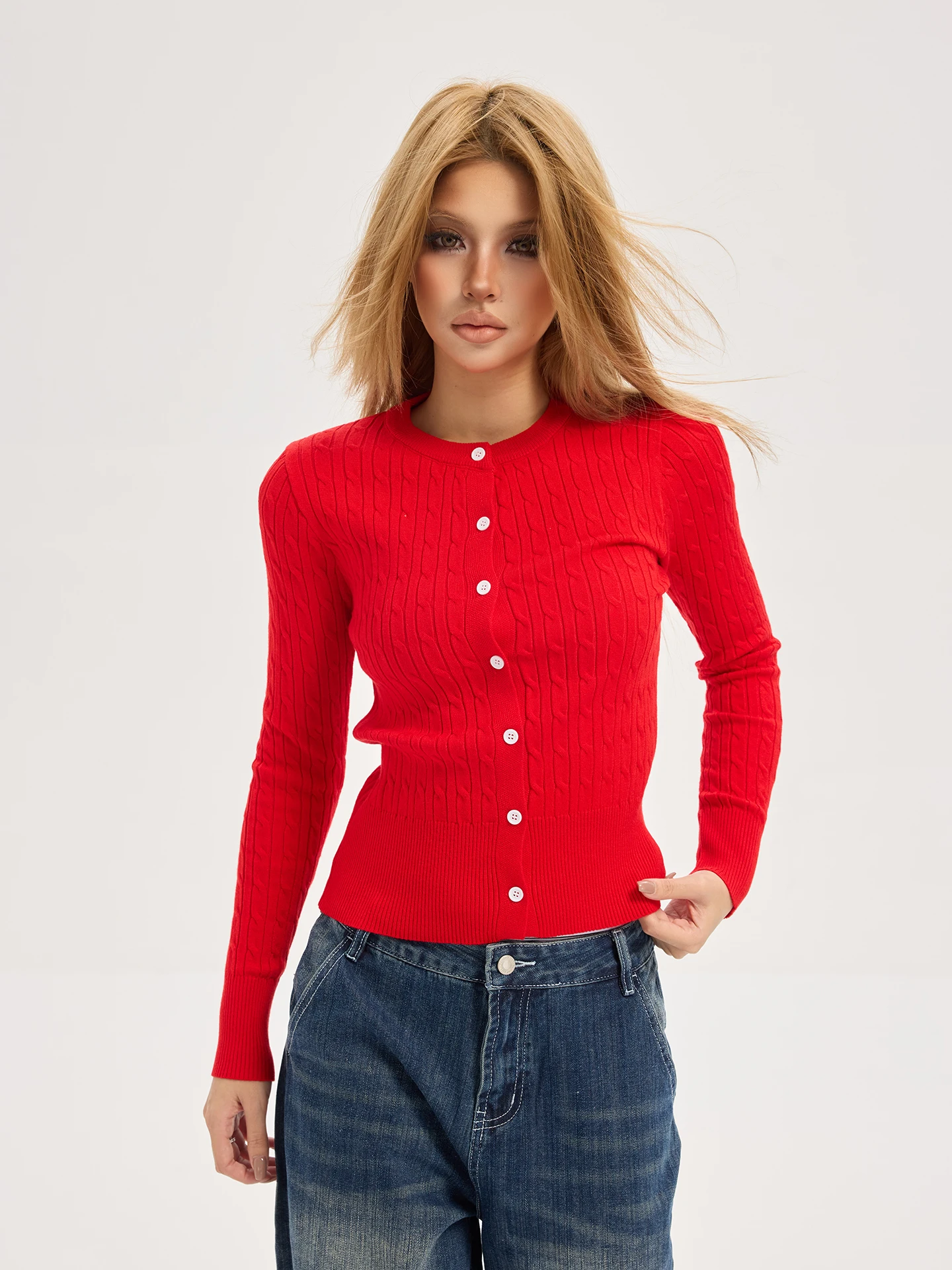 

American Sle Red Sweater Women's Inner Wear Outerwear Knitted Top Cotton Polyester Blend Long Sve round Ne Design Sense