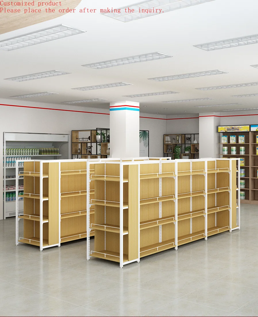 

Custom.Convenience Snack Supermarket Rack Store Stainless Steel Wood Shelf Multi-layer Display Retail Gondola Shelving