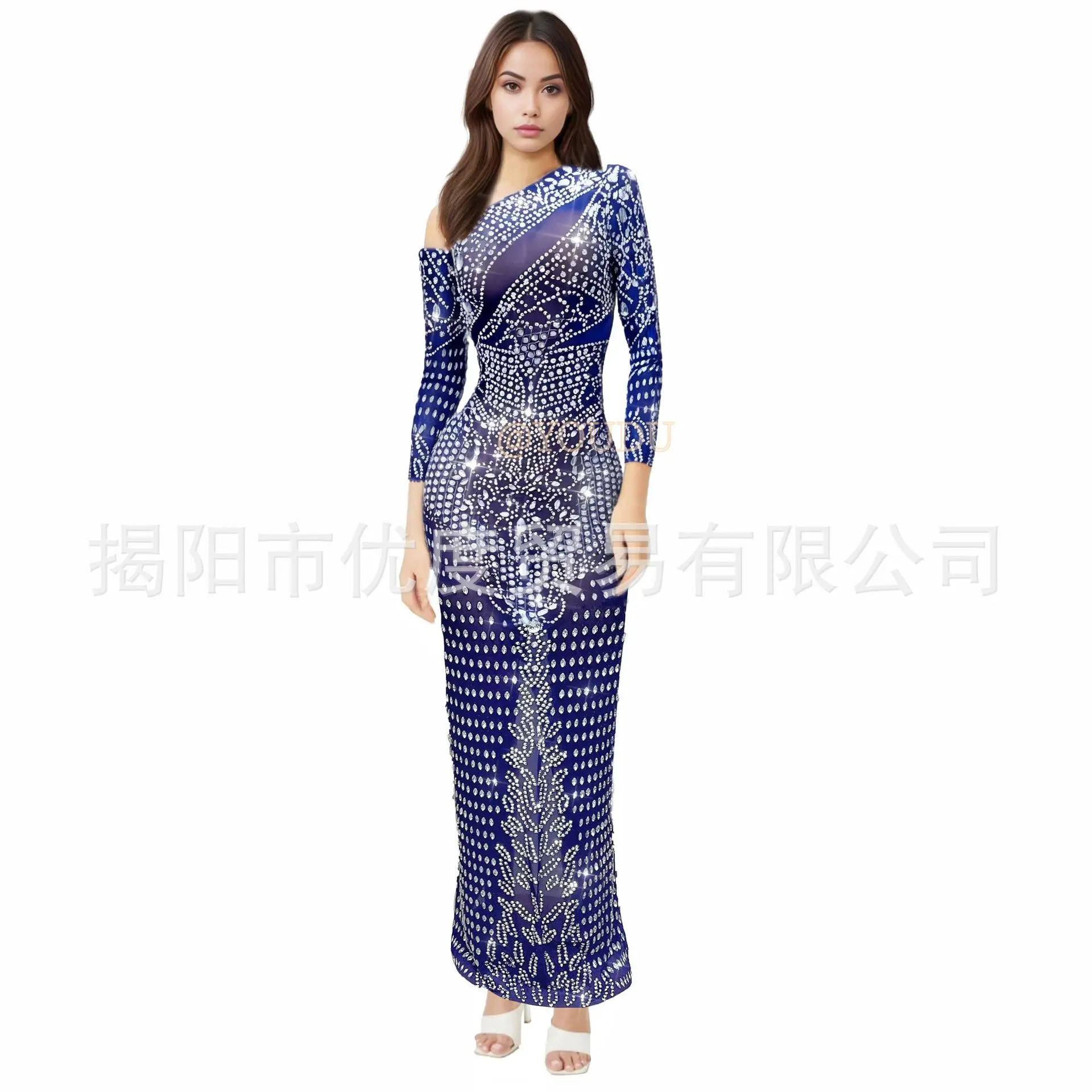Blue Shoulder Long Sleeves Bright Rhinestone Design Temperament Cocktail Party Night Performance Clothes Long Dress Blue Diamond