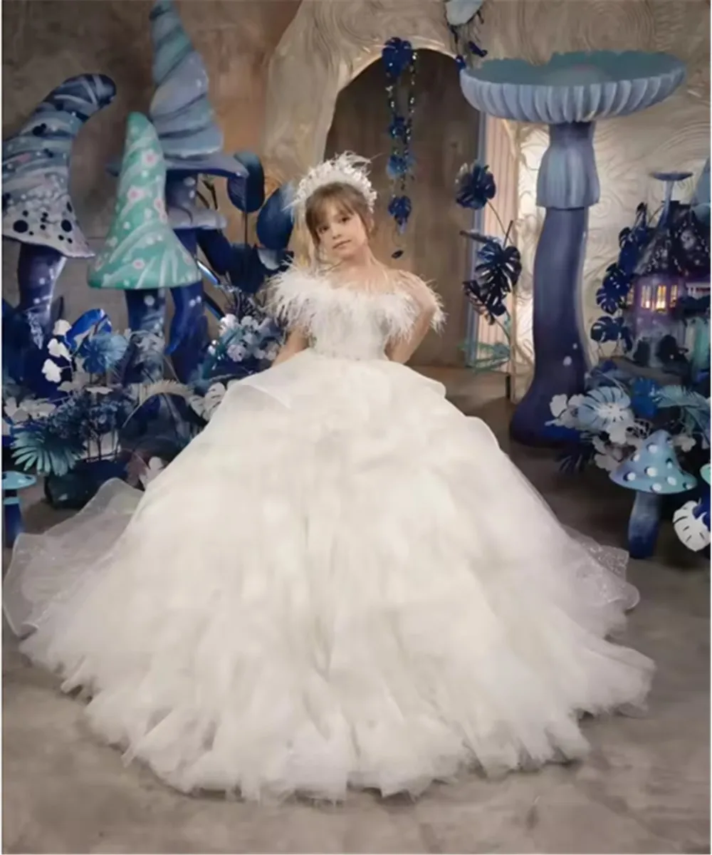 

Luxury Flower Girl Pageant Dress for Wedding Feather Ruffles Tiered Floor Length Princess Birthday Party First Communion Gown