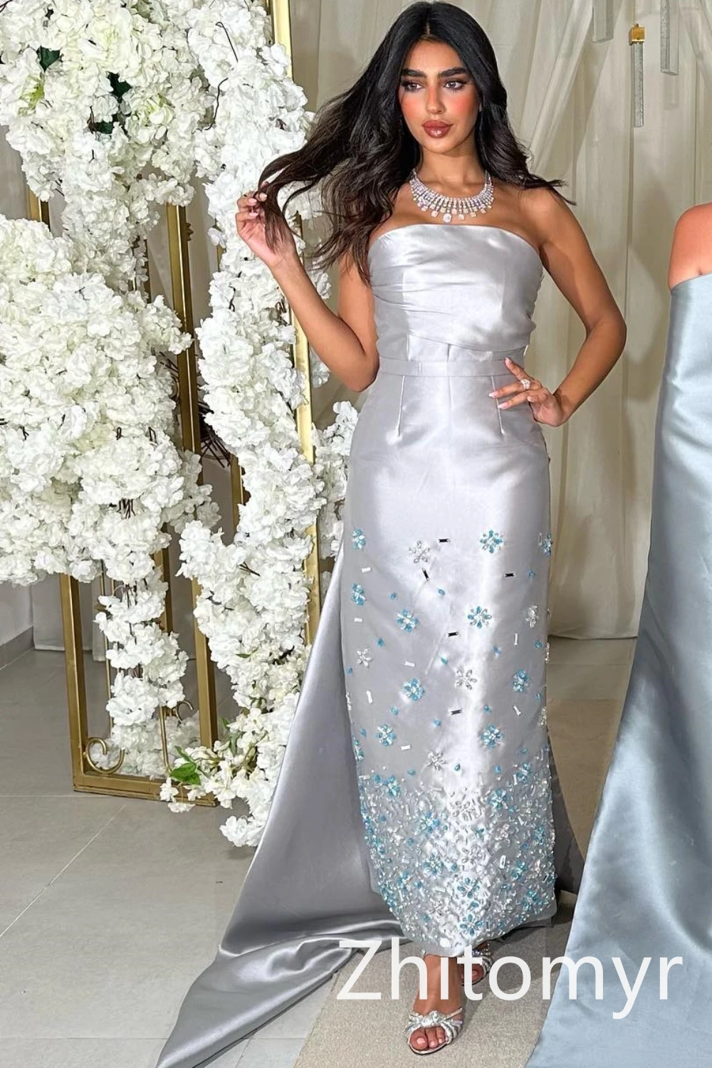 Exquisite Strapless Sheath Prom Dresses Rhinestone Watteau Paillette / Sequins Taffeta Anke length Evening vestidos