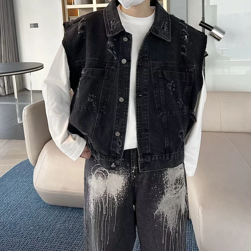 خمر غسلها الأمريكية شارع العليا المتعثرة سترة قصيرة الرجال الربيع الصيف العصرية أكمام صدرية أعلى #5