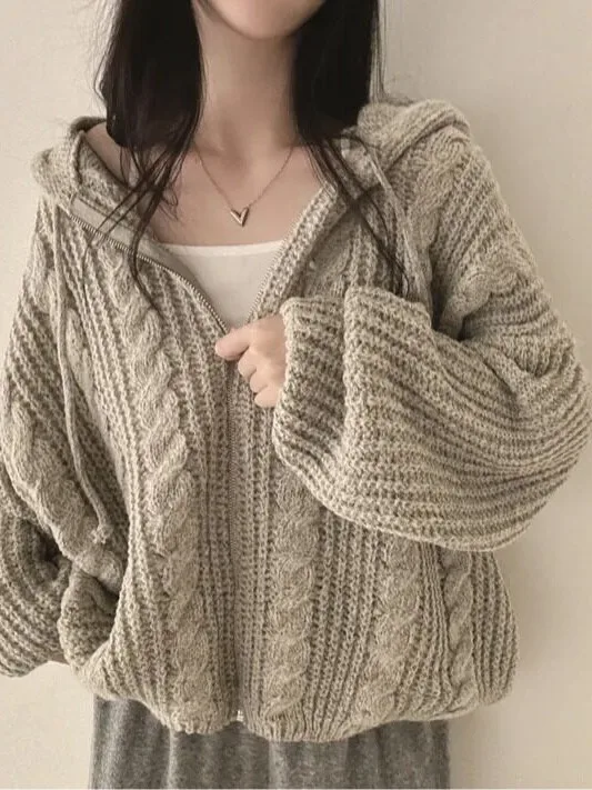 Chic Autumnal Vintage Twist Hat Sweater Open Cardigan Women's Loose Lazy Style Outerwear Top Spring Autumn Winter Street Style