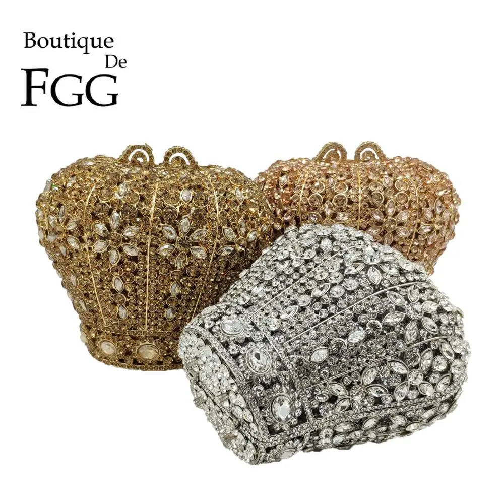 Boutique De FGG  MINI Crown Shape Women Evening Minaudiere Bag Crystal Clutch Metal Hard Case Party Cocktail Purses and Handbags