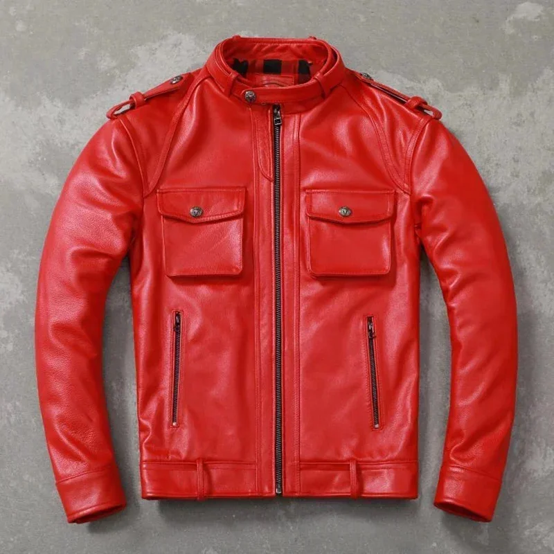 Men Leather Jacket Handsome Short Red Genuine Cowhide Biker Black Tanned Sheepskin Slim Fit s Autumn