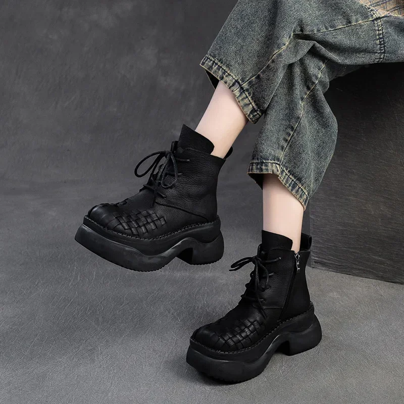 Krasovki 6.5cm Weave Genuine Leather Ankle Booties Fashion Spring Boots Autumn Motorcycle Moccasins Chimney Ladies Women Shoes