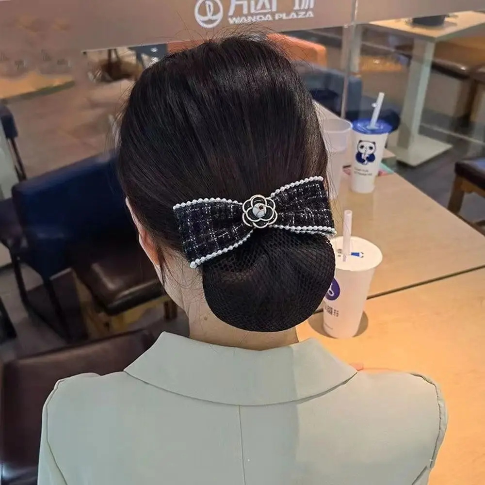 

Hotel Pearl Camellia Bowknot Ponytail Clip Professional Headdress Hairgrips Cover Net Korean Bun Snood Women Spring Clips