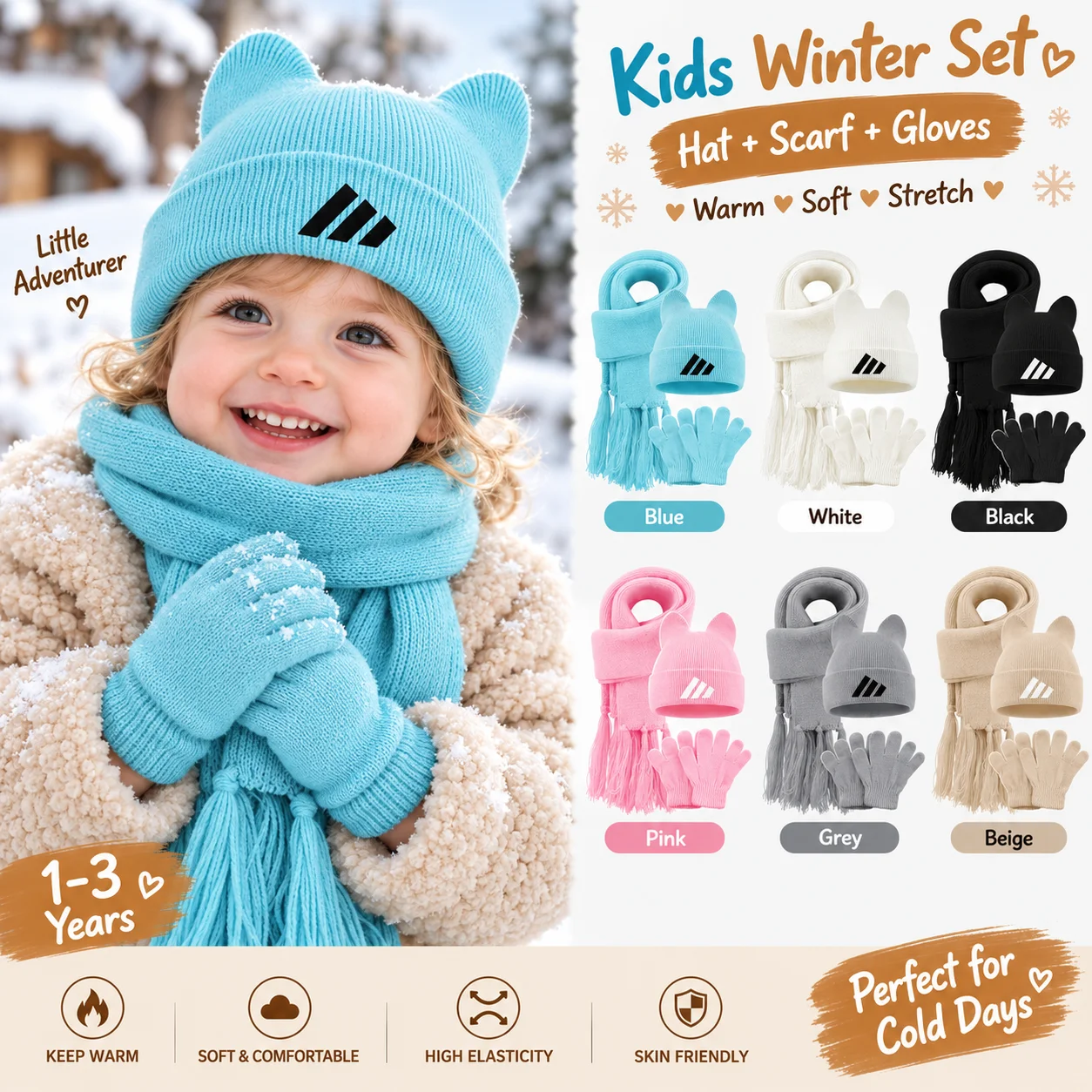 Chic Stripe Logo Embroidered 3Pcs Kids Winter Cat Ear Hat Scarf Gloves Set, Warm Knit Accessories for 1‑3 Years Toddler Casual W