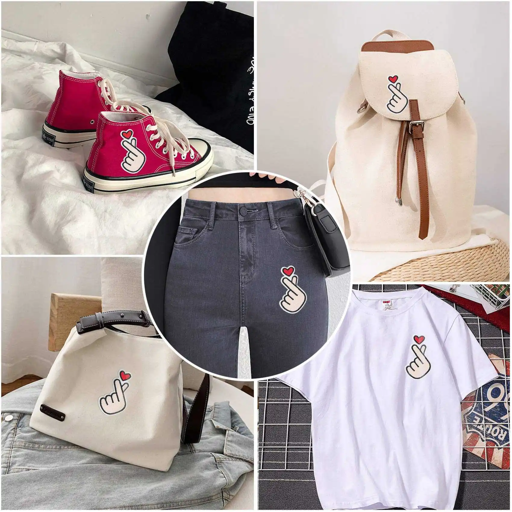 Toppe a forma di cuore con dita da 20 pezzi, cuore coreano con dito Kpop cucito su toppa per ricamo, spilla per decalcomania adesiva con Applique in tessuto per Jeans