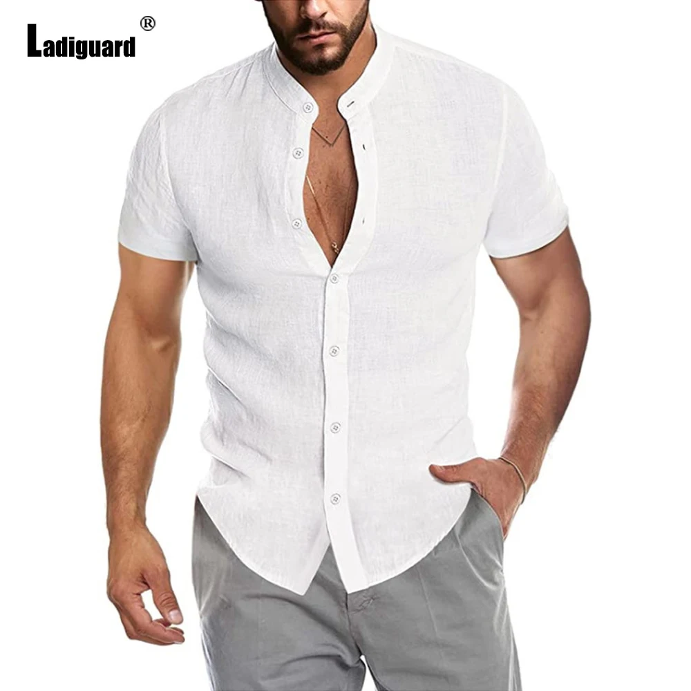 

Ladiguard Plus Size 5XL Men Open Stitch Fashion Tops Solid Khaki White Cotton Linen Shirts clothing 2024 Summer blusas shirts