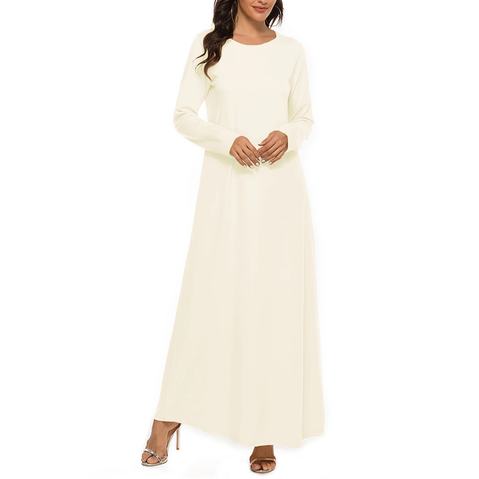 Womens Round Neck Long Sleeve Long Robes Solid Color Loose Basic Dress for Islamic Arabian Dress Evening Other Occasion