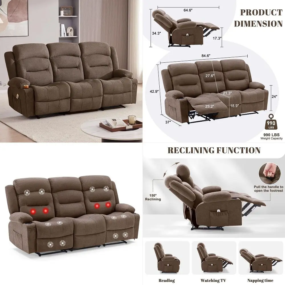

Recliner Sofa with Heat and Massage, Big Large 3Seater RV Recliner Couch Sofa for Living Room, WallHugger Reclining Sofa with C