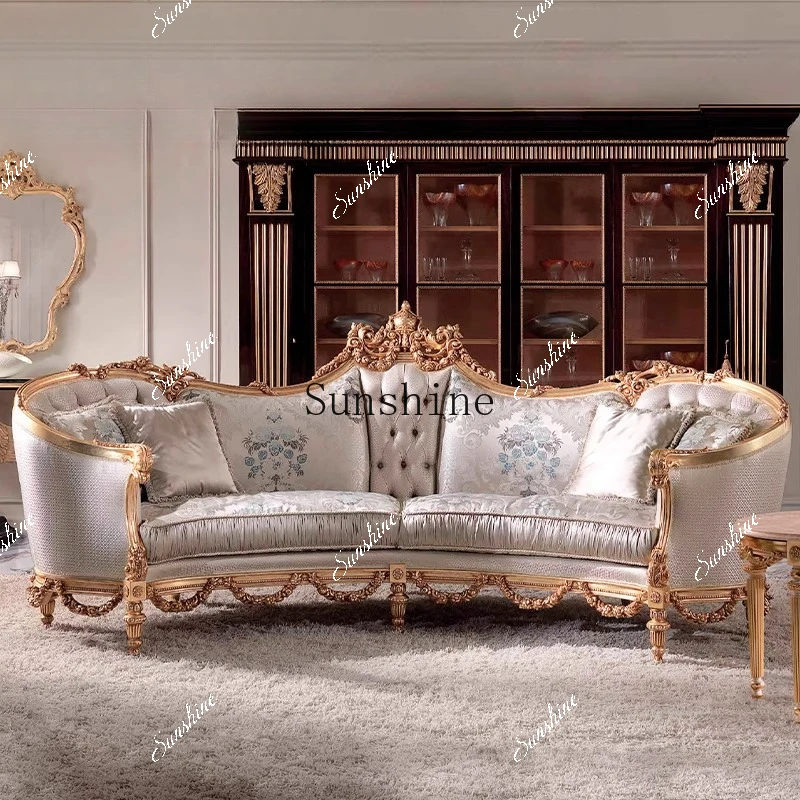

European living room large apartment sofa pure solid wood carving flower fabric sofa coffee table combination