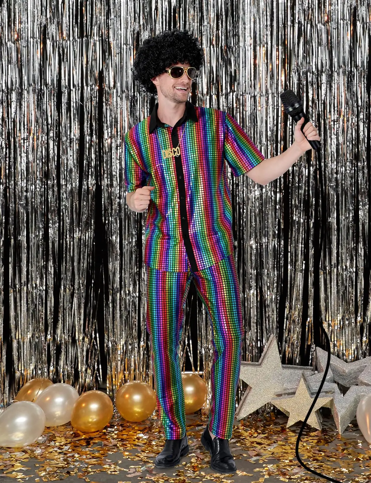 Mens Shiny Metallic Shirts Dances stage Performance Costume Adult Disco Outfits Short Sleeve Sparkling Party Shirt