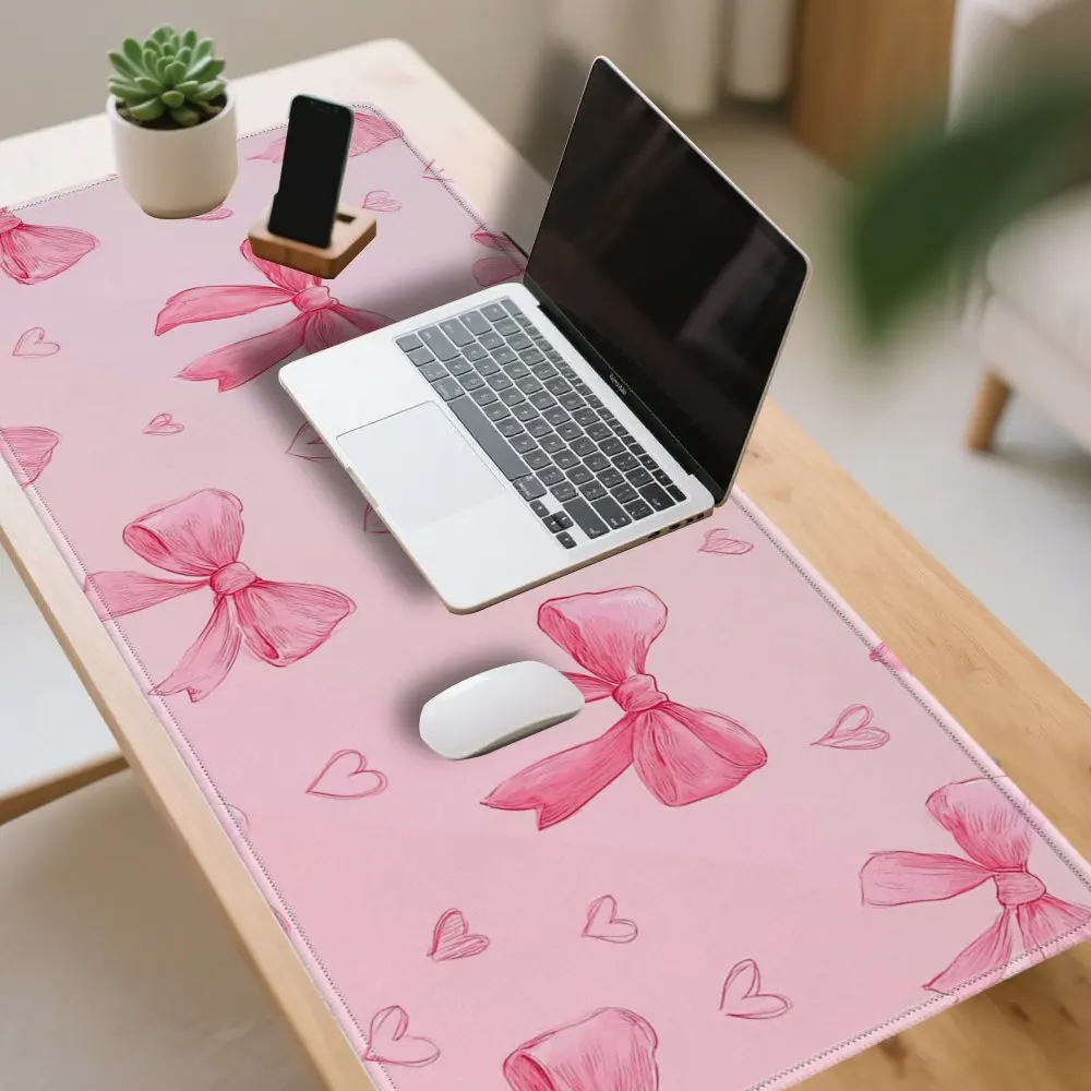 

Игровой коврик для мыши XXL с розовым бантом и сердечками, настольный коврик из натурального каучука, нескользящий