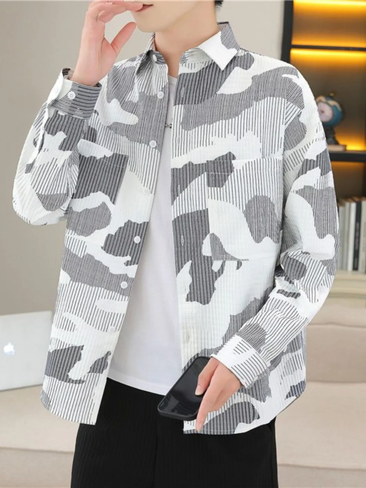Anti-Wrinkle Long Sleeve Men's Shirt Casual Spring Autumn Print Standard Fit Youthful Geometric Pattern Daily Wear