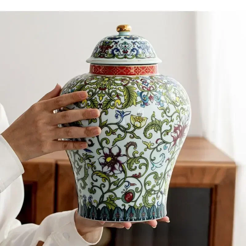 

--Floral Texture Painted Enamel Color Ginger Jar Ceramic Jars Blue And White Porcelain Classical Tea Caddy Vintage Home Decor