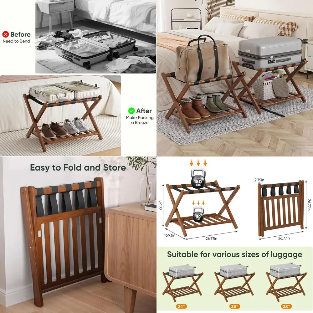Lage Racks Set o 2, ully Assembled Suitcase Stand with Shoe Shel, oldable Bamboo Lage Rack or Gt Room, Bedroom, Hotel, Walnut