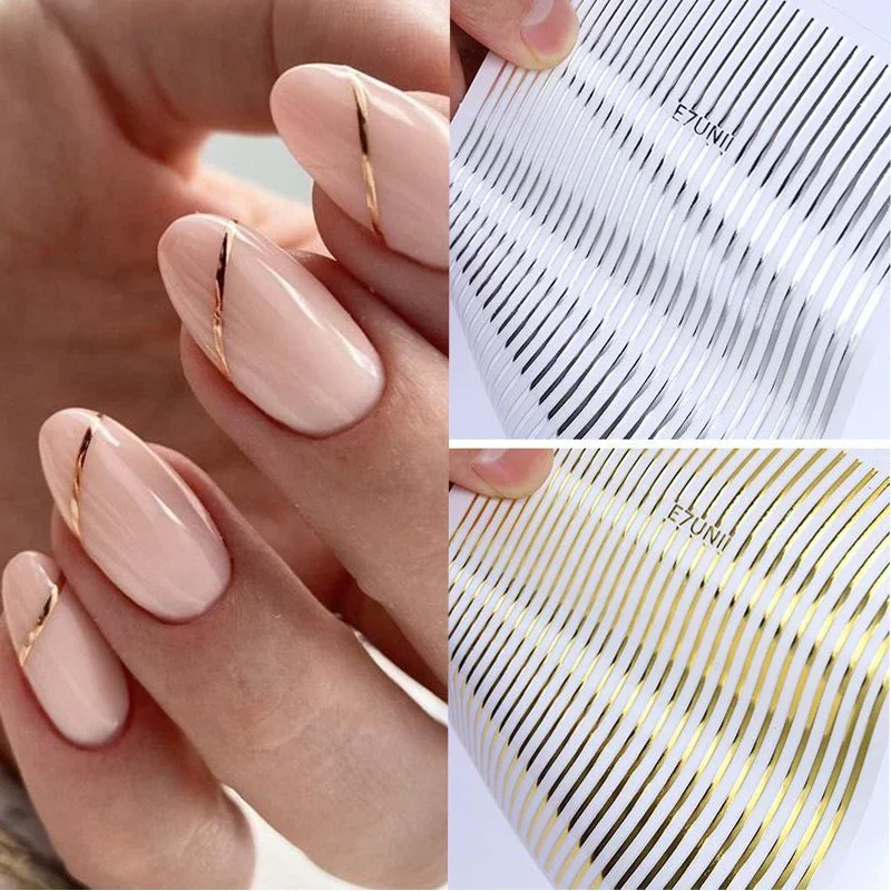 Metal Lines Self Adhesive Nail Stickers Gold Silver - 3D Nail Art - Multi-size Strips - Waved Design