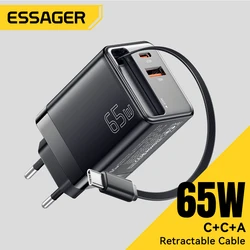 Essager 65W USB Charger With Retractable Type-c Cable for Phone Tablet Laptop Fast Charging for iPhone 16 15 14 Samsung Macbook