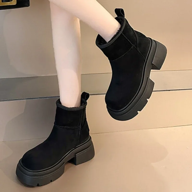 2023 Fashion Women's Shoes Slip on Women's Boots Winter Round Toe Solid Flock Plush Warm Platform Water Proof Fashion Boots