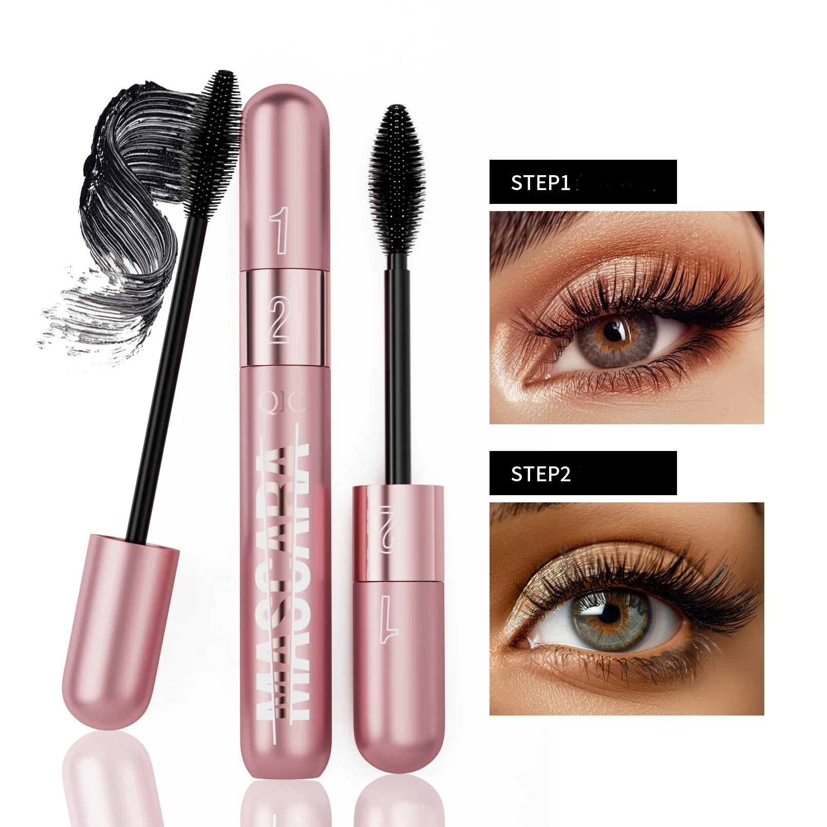Mascara Dual Effect Elongation Dense and Slender Volume Long Lasting Waterproof No Stain Natural Quick Drying Lashes Mascara