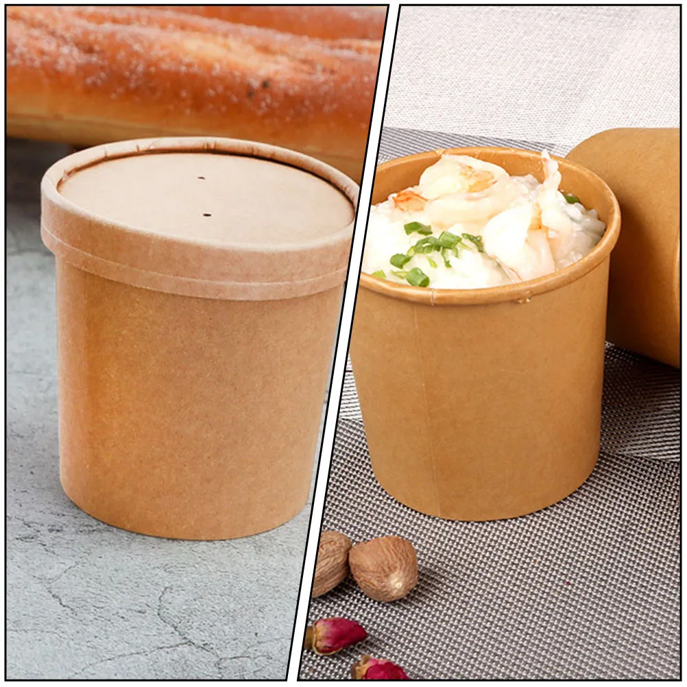 Disposable Kraft Paper Soup Cups with Lids 50 Sets Sturdy Food Containers for Porridge Ice Cream Desserts