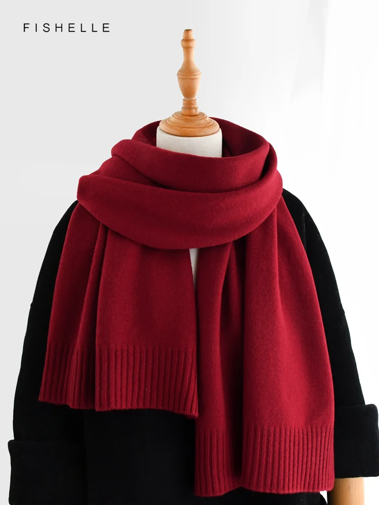 Wine dark red solid color pure 100% wool scarf widen knitted autumn winter women's wraps soft warm shawl luxury gifts for female