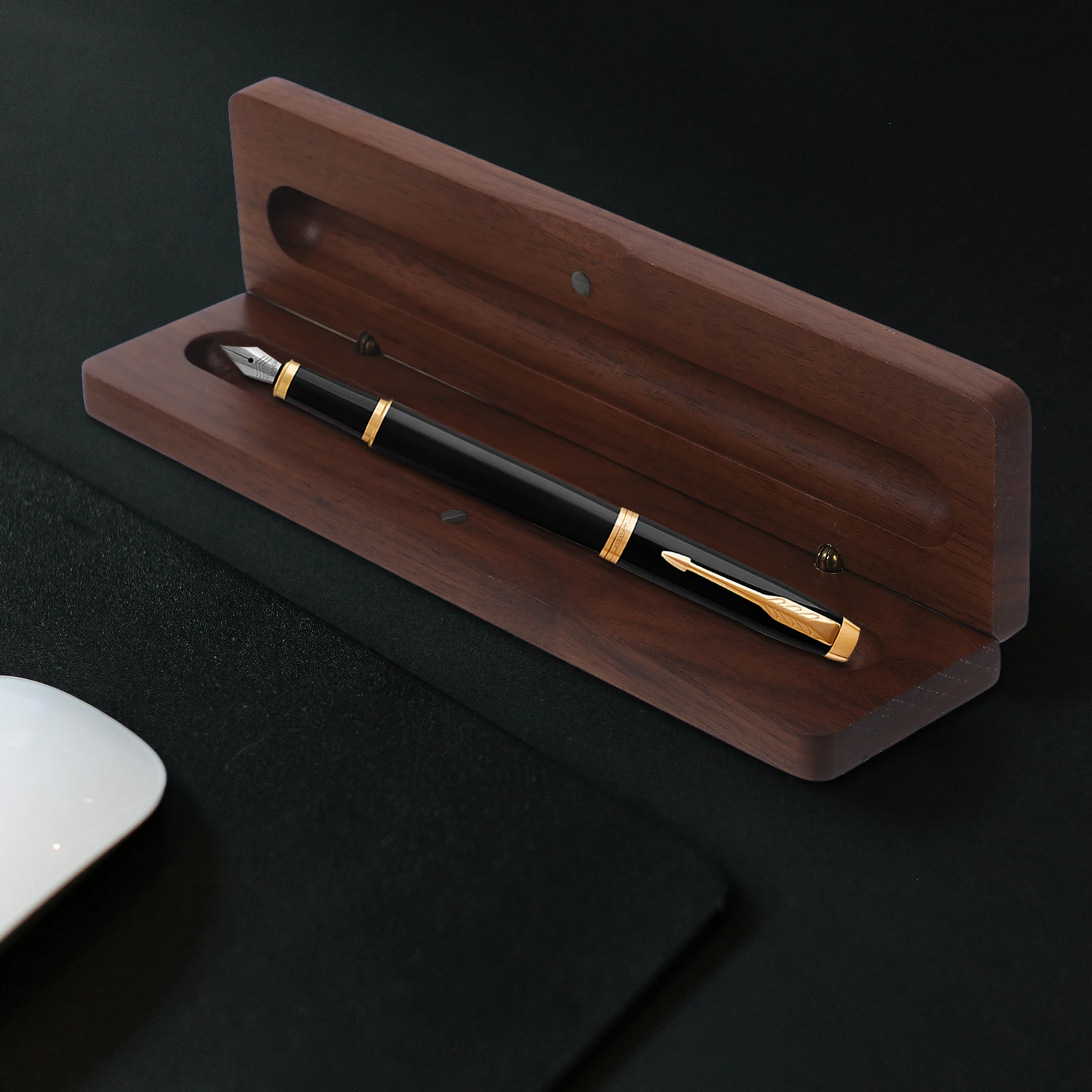 

1pc Walnut Pen Box Wooden Display Storage Eco-Friendly Vintage Style Single Slot Magnetic Clamshell Design Portable for Pens