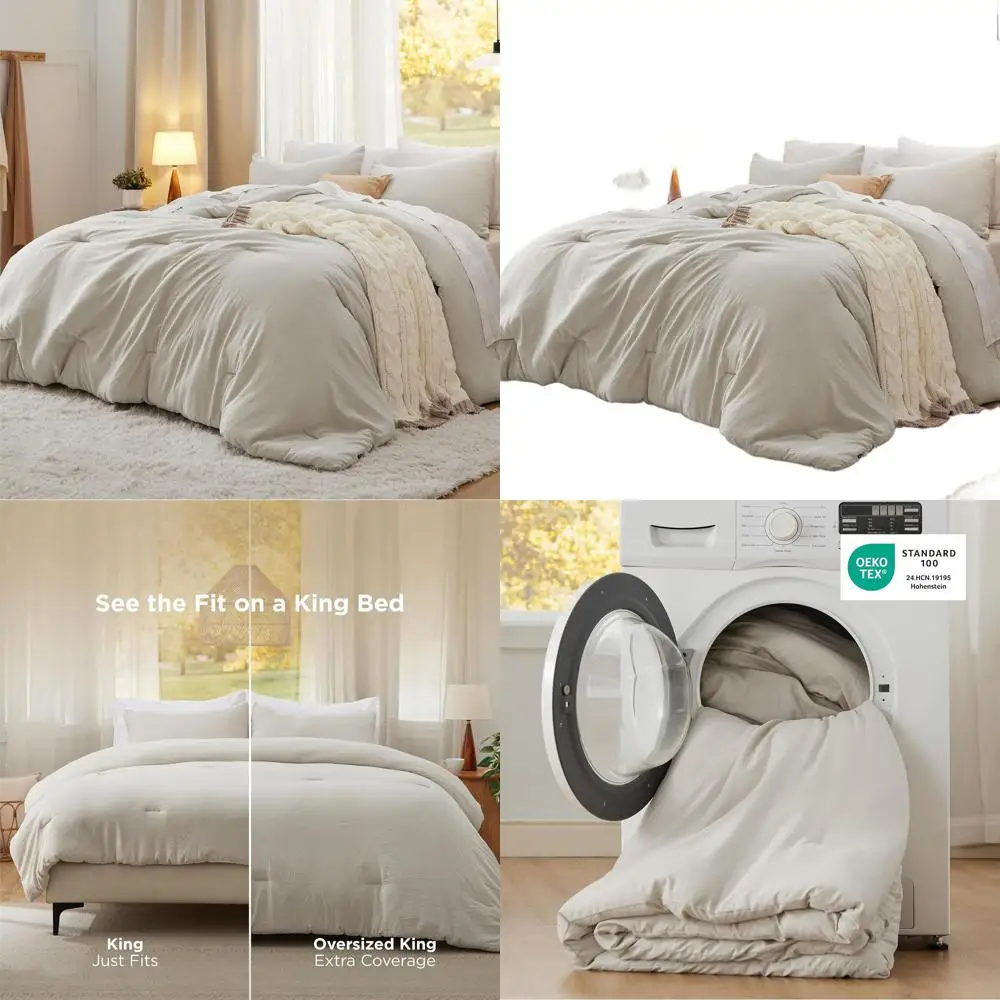 

Beige Oversized Queen Comforter Set, Soft Prewashed Bedding, 3-Piece Down Alternative Set, 1 Comforter 98x98, 2 Pillowcases 20x2