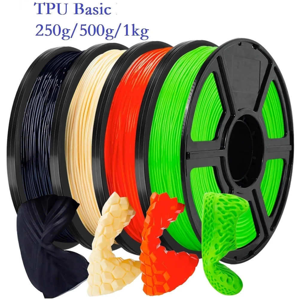 Flexible Filament Basic TPU 1.75mm 1kg 500g 250g FDM 3D Printer Soft TPU High Toughness Filament Black Whte Green High Speed